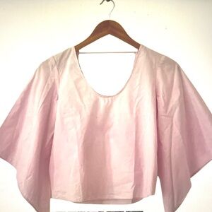 Zara Pink Cotton Cropped Batwing With Ruched Tie-Back Blouse Size L